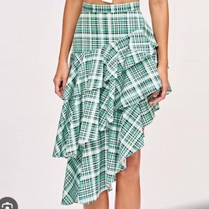 Amur Pippie Plaid Asymmetrical Ruffle Skirt Green Tiered Size 4